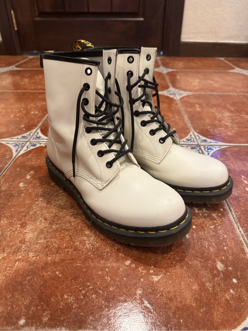 Dr. Martens White 8-Eye Lace-Up Combat Boots with Black Laces